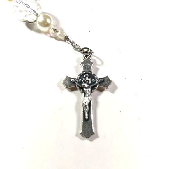 Cross beaded Keychain Clear Plastic Beads Silver Tone - Picture 4 of 4